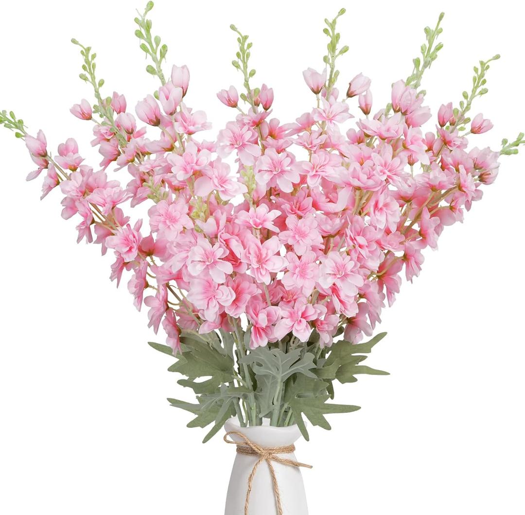 8PCS Delphinium Artificial Flower 34.6'' Pink Silk Flowers Long Silk Larkspur Flowers Plant Floral Faux Bouquets for Tall Vase Wedding Floral Arrangements Floor Home Garden Outdoor Decor