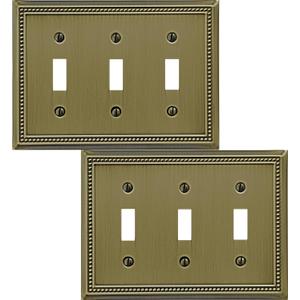 OKAWYC Triple Toggle Light Switch Cover Belaire Beaded Metal Wall Plate, 2-Pack Antique Brass 3 Gang, for Light Switch Cover Decorative Wallplate, Durable,3 Toggle, Antique Brass