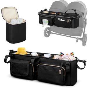 Double Stroller Organizer Compabitle with BOB Duallie and Baby Jogger City Mini GT2 Double Stroller, Double Parent Stroller Caddy Organizer with Cup Holder and Cooler Bag, Black(Empty Bag)