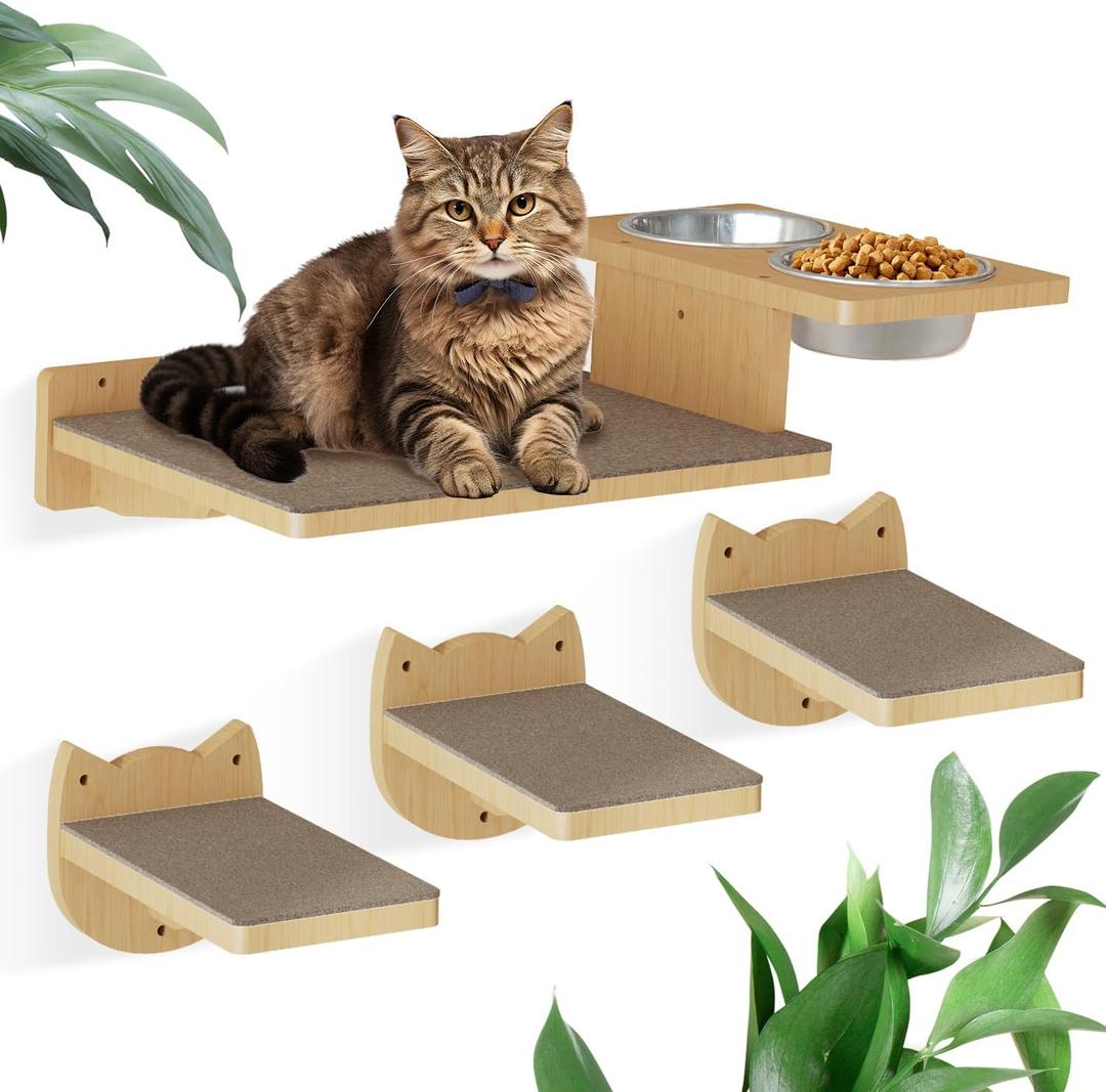 MeowHomm Cat Wall Shelves, Wood Wall Furniture with 3 Steps, Cat Feeding Shelf with 2 Food Bowls, Wooden Bed Furniture Wall Mounted
