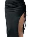 Verdusa Women's Y2k Maxi Dress High Slit Side Drawstring Knit Bodycon Dresses Black Small (Black)