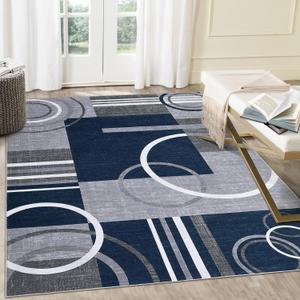 RUGSREAL Large Area Rug 8x10 Modern Geometric Entryway Rugs Low Pile Thin Rug Non Slip Throw Rugs Foldable Indoor Floor Cover for Bedroom, Navy