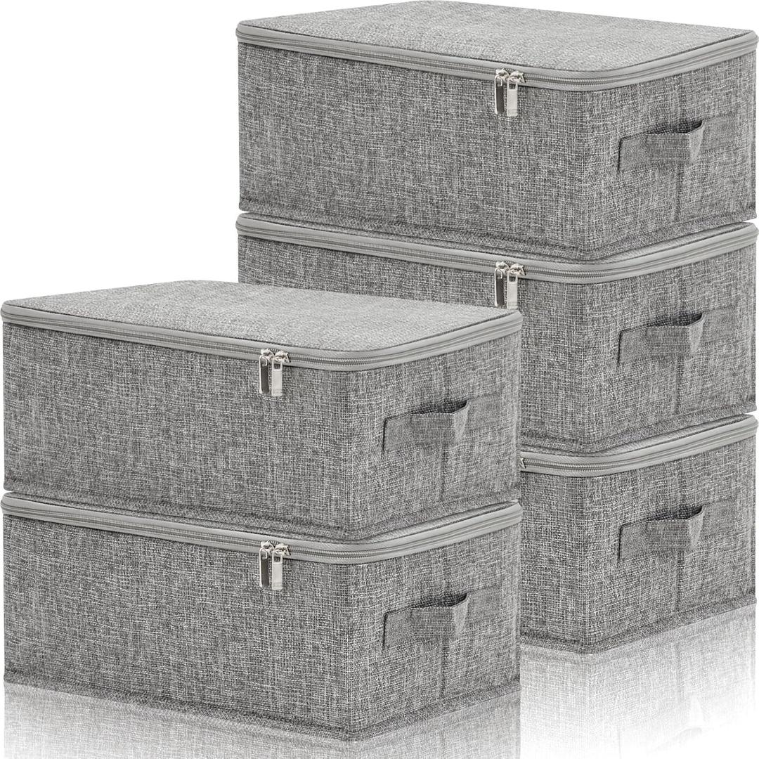 Soaoo 5 Pcs Fabric Storage Bins with Lids 15 x 10 x 6'' Stackable Foldable Storage Bins with Lid and Handle Rigid Collapsible Storage Box Clothes Storage Cubes Closet Organizers Containers, gray
