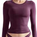SUUKSESS Women Double Lined Fitted Basic T Shirts Crew Neck Long Sleeve Crop Top (Small, Plum)