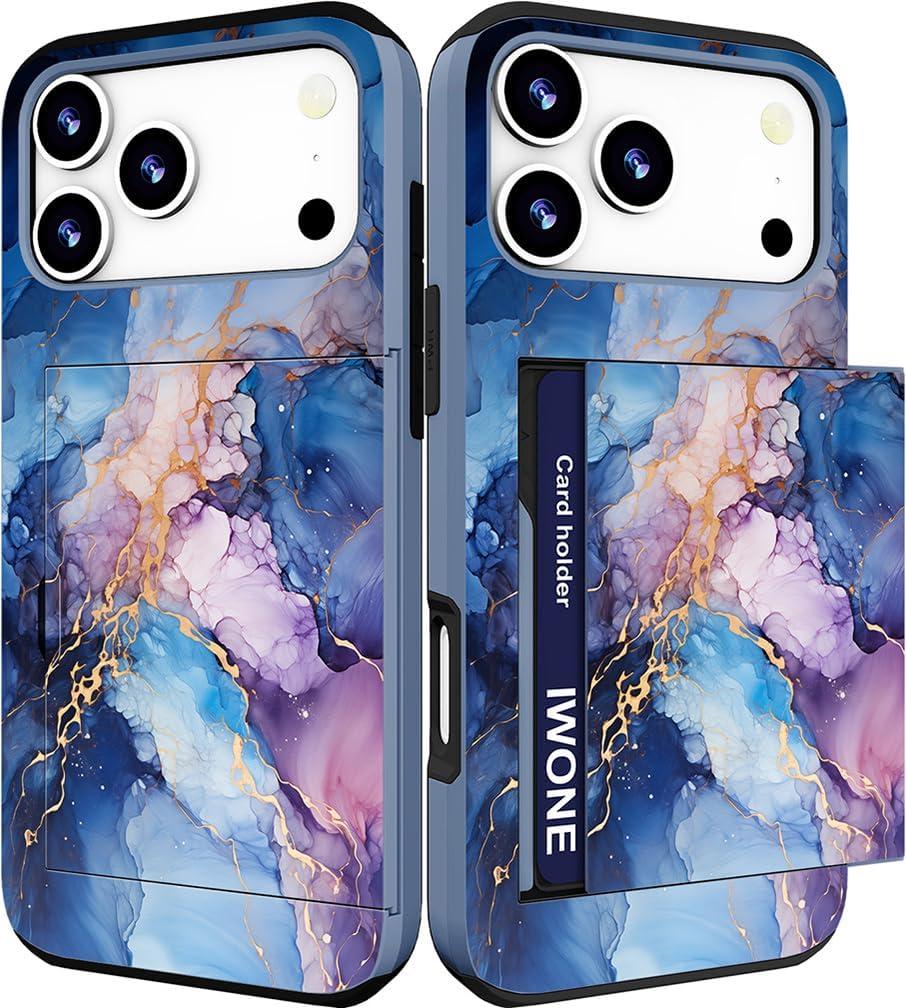 Compatible with iPhone 17 Pro Case with Card Holder Cute Shockproof Drop Protection Phone Wallet Slot Cover Cases for Women - Blue Purple Marble Stone