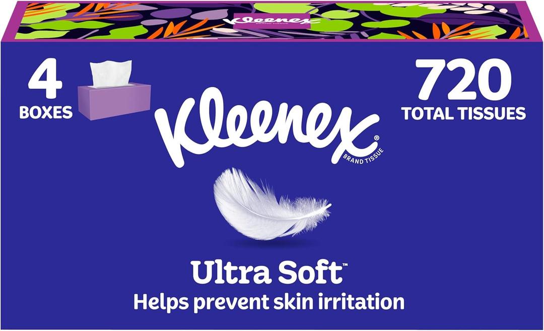 Kleenex Ultra Soft Facial Tissues, 4 Flat Boxes, 180 Tissues per Box, 3-Ply, (White)