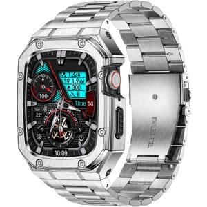 Stainless Steel Watch Band with Case Compatible with Apple Watch Series 9 8 7 (45mm), Rugged Strap with Metal Protective Bumper Cover for iWatch Bands Men (Silver)