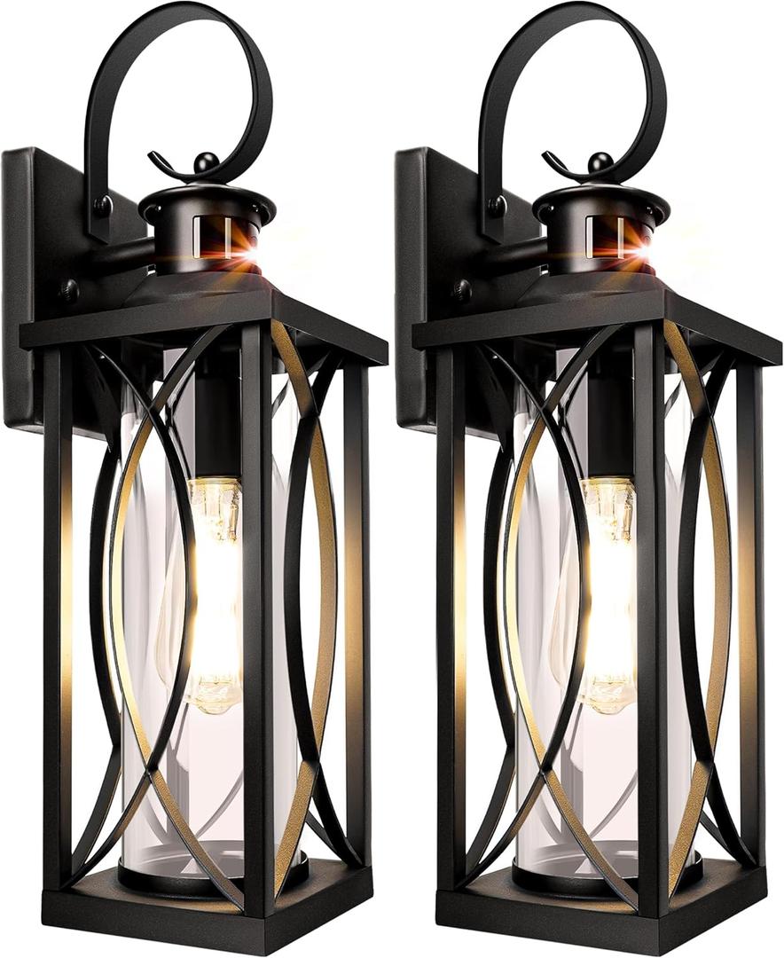DBF Motion Sensor Outdoor Wall Lights, 2 Pack Outdoor Porch Lights Dusk to Dawn, Anti-Rust Exterior Light Fixture Waterproof with Glass & E26 Socket Wall Sconce for House Garage Patio Doorway, Black