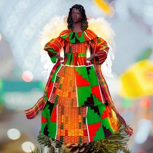 12 Inch Black History Month Kente African American Black Angel Tree Topper with Lights Standing Afrocentric Treetop Traditional African Kente Print for Kwanzaa African-American History Decorations