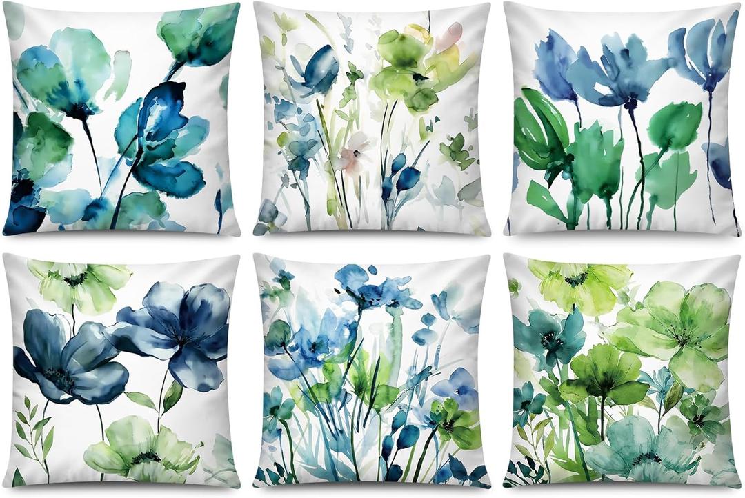 COMMINY Blue Green Flower Pillow Covers 18x18 Inch Set of 6, Spring Summer Pillow Covers, Hydrangea Floral Throw Pillow Case for Couch Sofa Bed Decor, Indoor Decorative Cushion Cover