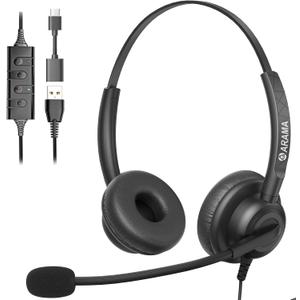 Arama Headset wtih Mic, Headset with Microphone for PC, USB Headset with Noise Canceling Microphone for Laptop, Wired Computer Headset with Mute for Home Office Online Class Skype Zoom Meetings (A602-Dual)