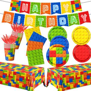 Building Block Birthday Party Supplies,143pcs Building Block Tableware Set Colorful Blocks Bricks Plates and Napkins Supplies Include Plates Cups Tablecloth Banner for Building Block Party