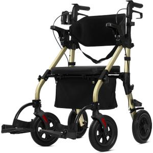 ELENKER All Terrain Rollator Walker Transport Wheelchair Combo, 2 in 1 Rolling Walker with Padded Seat and Wide Backrest, Champagne