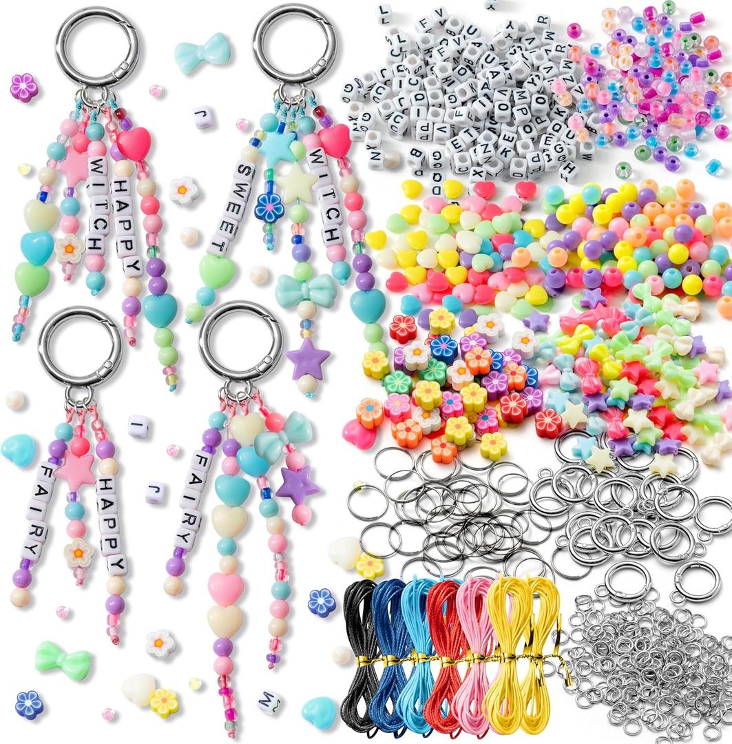 WATINC DIY Keychain Making Crafts Kits, Adjustable Letter Alphabet Beads Strings Keychain Flower Star Bow Shapes Beads Bulk, Bag Charms with Key Ring Supplies Jewelry Accessories Making Kit (942Pcs), small