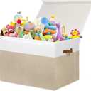 Gowee Large Toy Storage Box with Lid, Sturdy Toys Storage Chest Bin Organizer Basket with Dividers for Kids, Boys, Girls, Nursery, Closet, Bedroom, Playroom 26"x17" x17" (Beige and White)