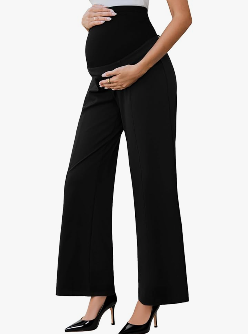 Ecavus Women's Maternity Pants Over Belly Seamless Stretchy Work Pants Maternity Wide Leg Pants with Pockets S