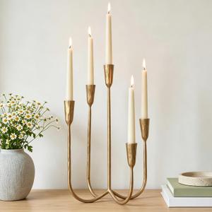 Denique 5-Arm Cast Iron Candelabra with LED Flameless Taper Candles and Remote, Tall Metal Vintage Candle Holder Centerpiece for Dining Table, Wedding and Event Decor, Gold