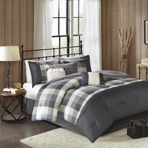 Madison Park Ridge Comforter Set - Cabin Lodge Plaid Herringbone Design, All Season Down Alternative Cozy Bedding with Matching Bedskirt, Shams, Decorative Pillow, Grey King(104"x92") 7 Piece (King (104 in x 92 in))