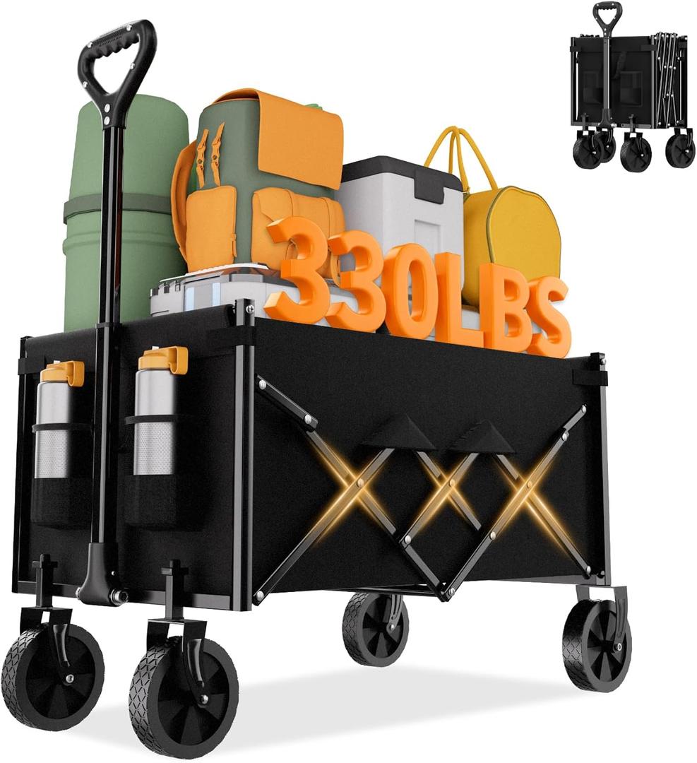 Favoyard Collapsible Wagon Carts Foldable 100L & 330LBS Portable Folding Wagons with All-Terrain Wheels & Brakes Heavy Duty Outdoor Utility Cart for Beach/Grocery/Camping/Shopping/Sports/Garden, Black (100L-Drink Holders)