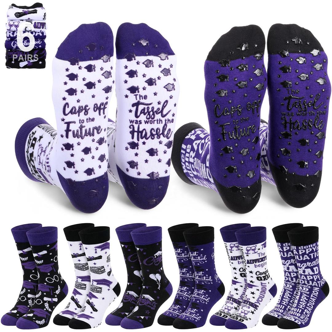 Silicherry 6 Pairs Graduation Pilates Grip Socks for Women Non Slip Yoga Socks with Grad Hat Pattern Congratulate Grad Gifts(Black,Purple,White)