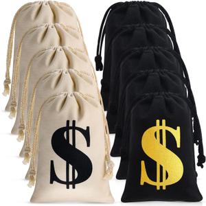 Shihanee 12 Pcs 9 x 6.3 Inches Canvas Money Bag with Drawstring Closure Costume Money Bag Pouch Dollar Sign Carrying Sack Prop for Party favor Bank Robber Pirate Cowboy Cosplay Theme Party