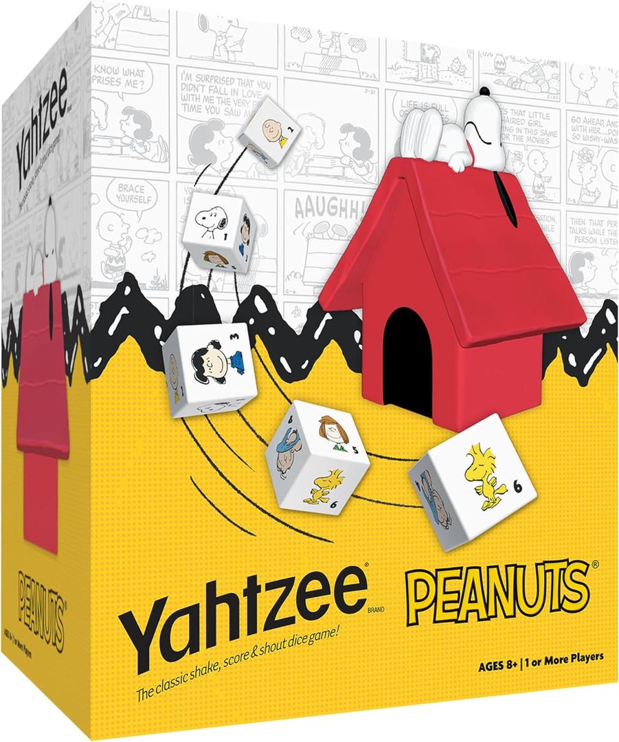 YAHTZEE: Peanuts Edition, Exclusive Snoopys Doghouse Cup, Roll The Dice with Charlie Brown, Woodstock & The Peanuts Gang, Dice Rolling Game with a Fun Twist, Officially Licensed Peanuts Collectible