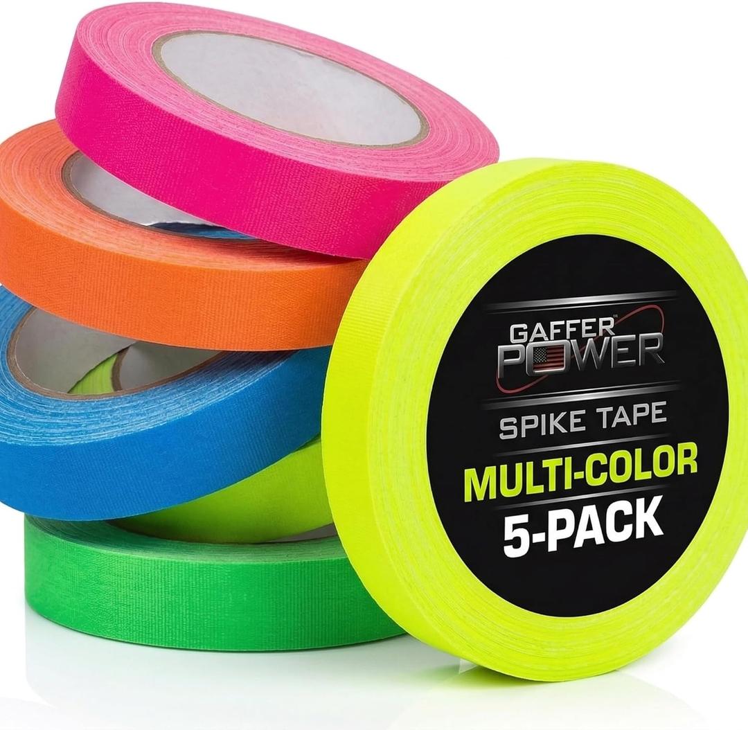 Gaffer Power Spike Tape 5-Pack Neon Fluorescent Colors Removes Without Residue, Tears by Hand, USA Made Professional Stage Floor Marking, Cable Labeling & Color-Code Organizing 1 Inch x 20 Yds