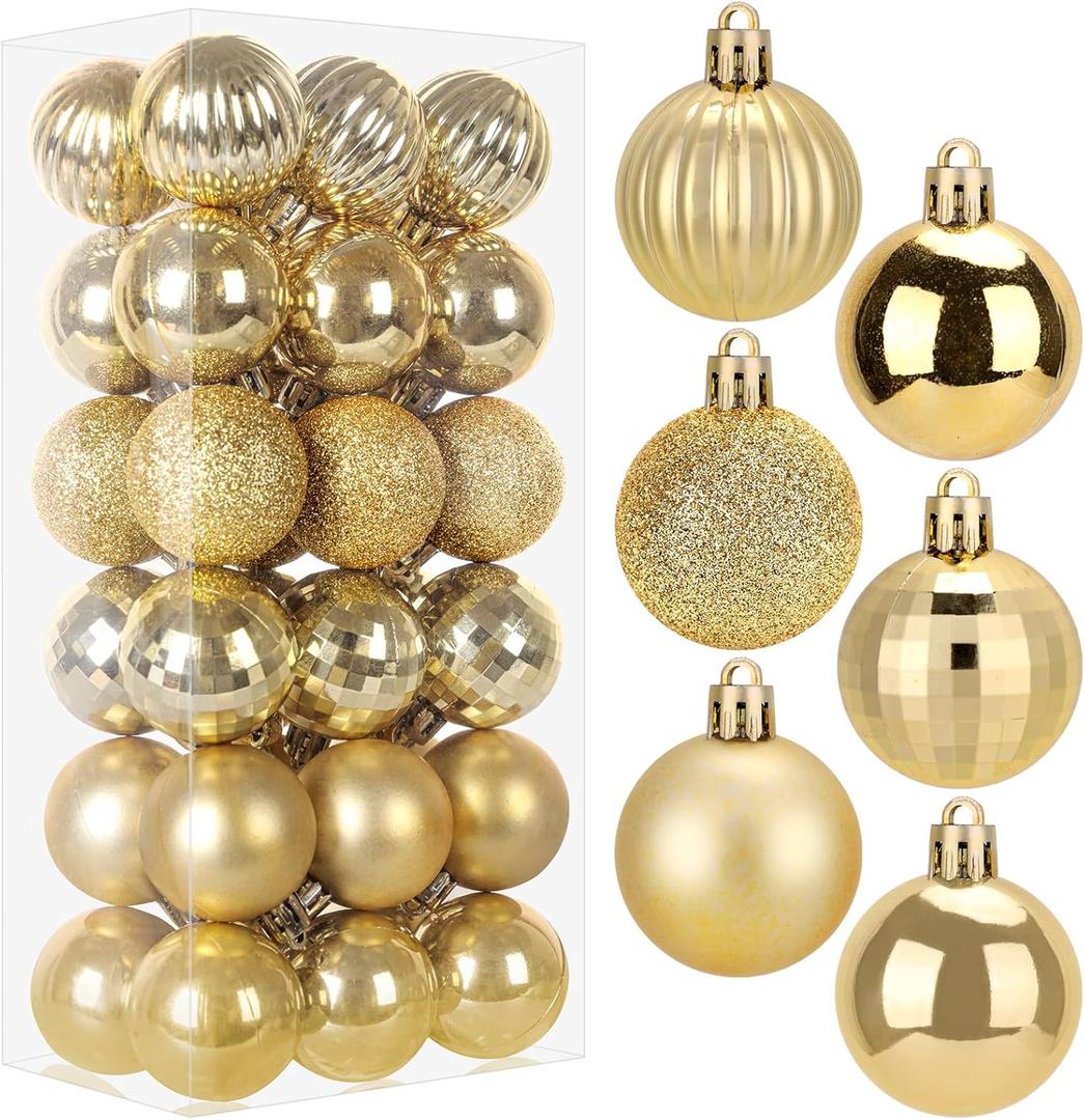36-ct Christmas Balls Ornaments Set, 1.97-Inch Christmas Tree Balls with Hanging Strings, 6 Classic Finishes Shatterproof Plastic Decor for Xmas Holiday Wedding Party Home Indoor Decorations-Gold