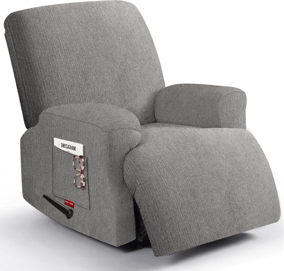 3 Pieces Stretch Recliner Chair Covers - Plush Fabric Slipcovers & Durable Furniture Protectors for Kids and Pets (1 Seater, Light Gray) (24"D x 33"W x 37"H)