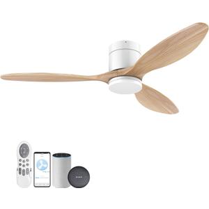 52" Smart Wood Ceiling Fans with Light and Remote,Low Profile Outdoor Indoor Ceiling Fan with Dimmable Light and Quiet DC Motor,Control with Alexa Google Voice App,for Modern Flush Mount Bedroom Patio