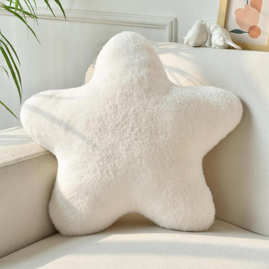 Xiashrk Star Pillow, Decorative Throw Pillows for Bed Couch, 15" Star Shaped Pillow Plush Floor Cushions Room Decor Pillow with Soft Faux Rabbit Fur for Sofa Bedroom Living Room (15" x 15", Ivory White)