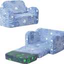 MeMoreCool Toddler Sofa Bed  Glow-in-The-Dark Astronaut Chair for Kids, 2-in-1 Fold-Out Lounger (Denim Planet) Soft Foam | Machine Washable Cover | Ages 13 | Playroom & Nursery Nap Couch