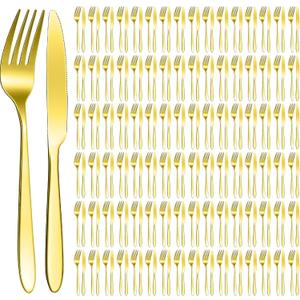 Nuenen 100 Pieces Stainless Steel forks and knives Dinner Flatware Set Tableware Cutlery for Butter Kitchen Restaurant, Dishwasher Safe(Gold,8.4 Inches, 7.1 Inches)