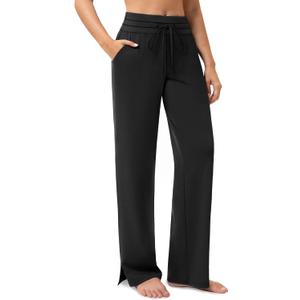 Yoga Pants Women Wide Leg Pants with Pockets Drawstring High Waist Stretch Dress Pants Lounge Sweatpants 29"/31"/33" (Black, XXL)