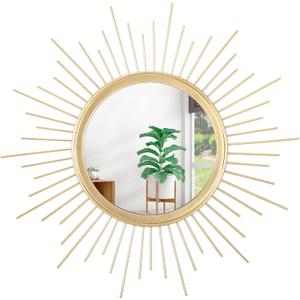 Large Gold Spoked Sunburst Wall Mirror Boho Home Decor Round Wall Art Mirror Modern Metal Mirrors for Wall Living Room Vanity Bathroom Bedroom Hallway Balcony Entryway 20"