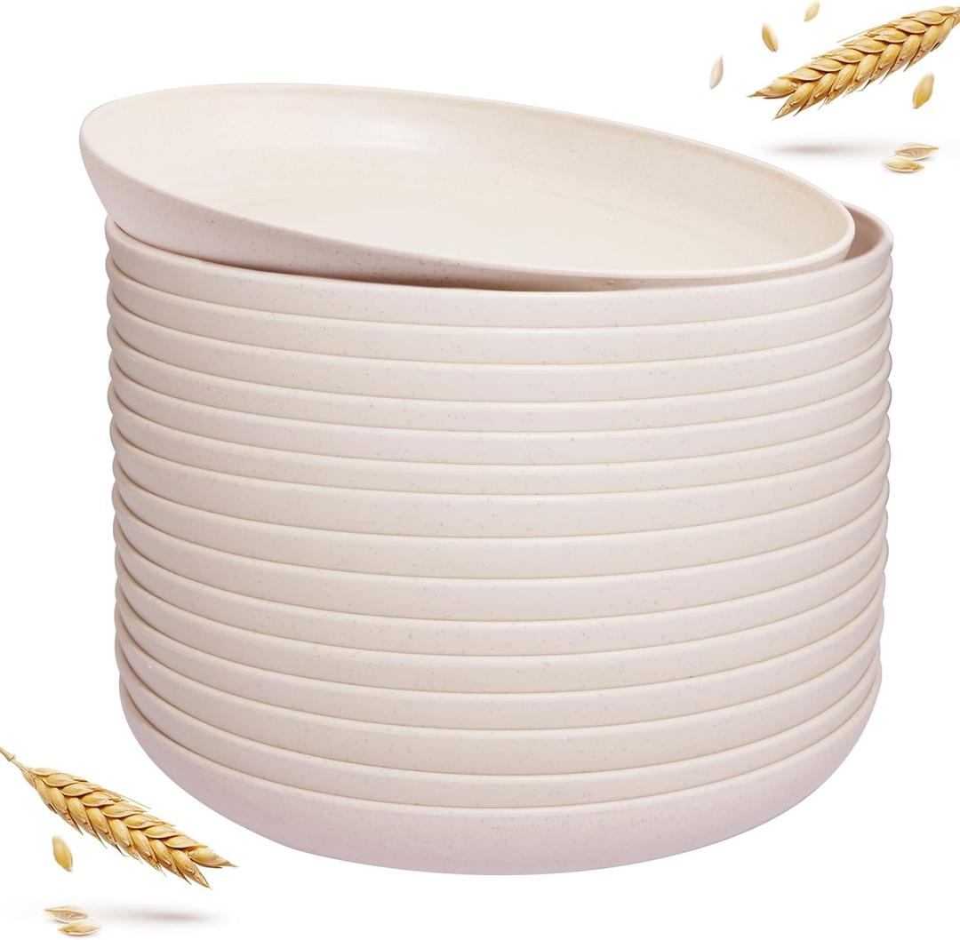 LIYH 20 Pcs Wheat Straw Plates - 9 Inch Unbreakable Dinner Plates - Dishwasher Safe Plastic Plate Reusable - Lightweight Plate for Kitchen Camping (Beige)