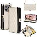 Rssviss Crossbody Case for iPhone 16 Pro Max Case Wallet, RFID Blocking Leather with Card Holder Kickstand, Handbag Zipper Flip Cover with Wrist Strap for iPhone 16 Pro Max Men Women 6.9", White