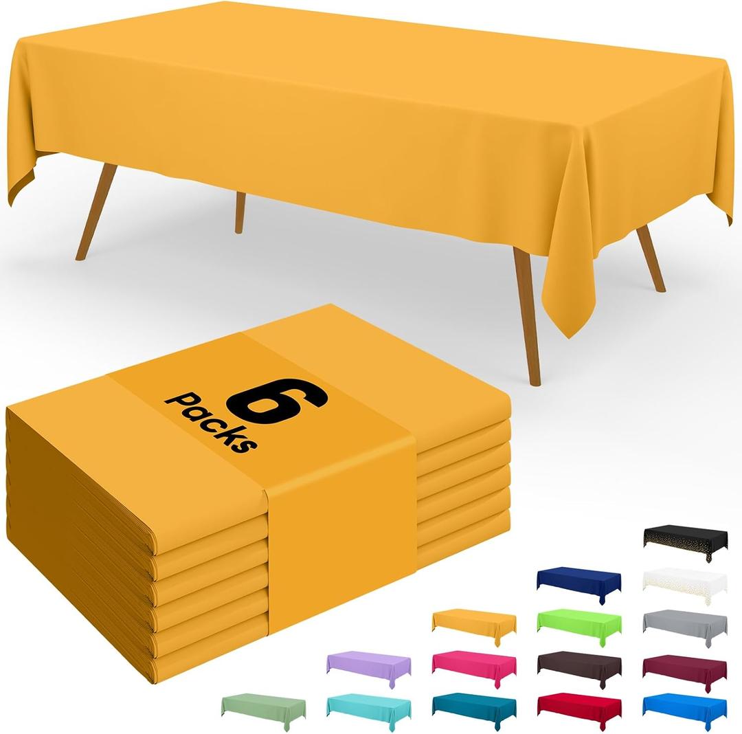 Smiry Disposable Table Cloth - 6 Pack, 54 x 108 Inch Waterproof Rectangle Tablecloths for Parties, Decorative Plastic Table Cover, Leakproof & Sturdy, Mustard Yellow