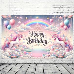 Unicorn Happy Birthday Banner 71x43 Inch Large Pastel Rainbow Party Decoration for Girls Fairy Princess Birthday Party Photo Booth Backdrop Indoor Outdoor Supplies