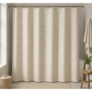 Cream Stripe Linen Shower Curtain 80 Inches Long Cloth Fabric Shower Curtain for Bathroom Neutral Hotel Bathtub Luxury Water Repellent Extra Long 80 Inch Drapes Set with Hooks Ivory Birch, 72x80