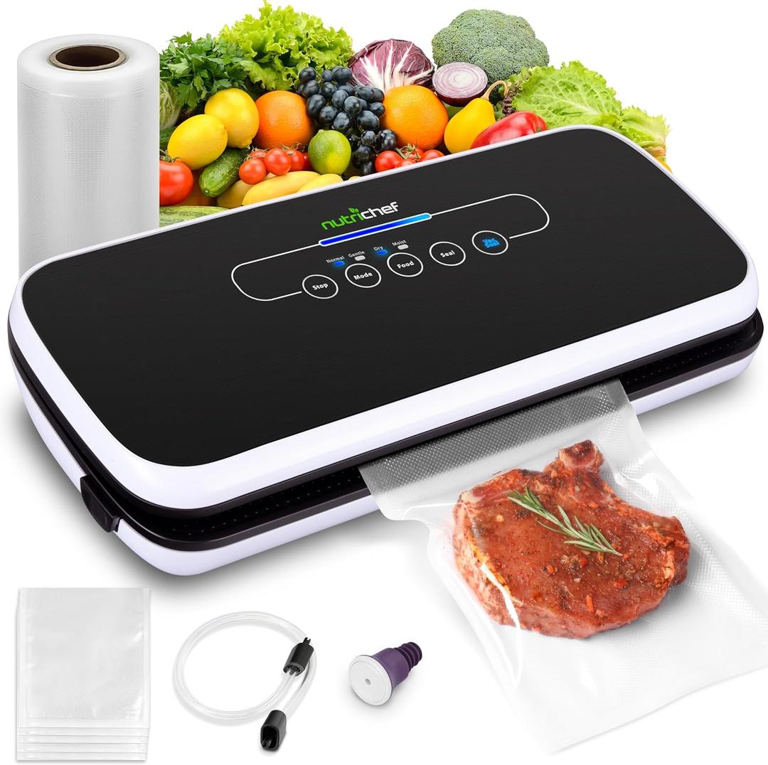 NutriChef Automatic Food Vacuum Sealer, Electric Air Sealing Preserver System for Dry and Moist Foods, LED Control, Strong Suction, Includes Bags, Wine Stopper Cork, and Air Suction Hose, 14x6x3