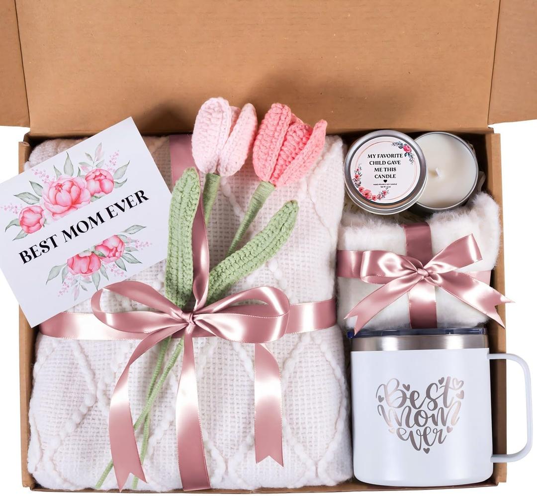 Mothers Day Gifts for Mom from Daughter Son Child, Mother Day Gift Basket for Stepmom, Mother-in-Law, Best Mom Ever Gift Box Set with Blanket Coffee Mug Socks Crochet Tulips Flower