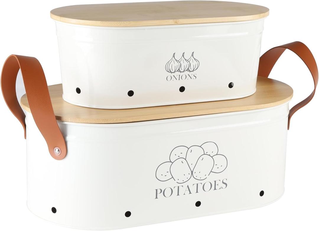 Xbopetda Potato and Onion Storage Bin, Metal Potato Storage with Bamboo Lid & Handle, Potato Bin Onion Holder with Aerating Holes, Kitchen Pantry Storage Bin for Onion Potato Vegetable Produce - White