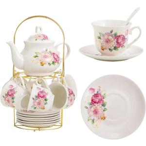 20-Pieces Porcelain Tea Sets For Women, Tea Set For Adult with Golden Metal Rack,Tea Gift Sets for Home&Party(0011)