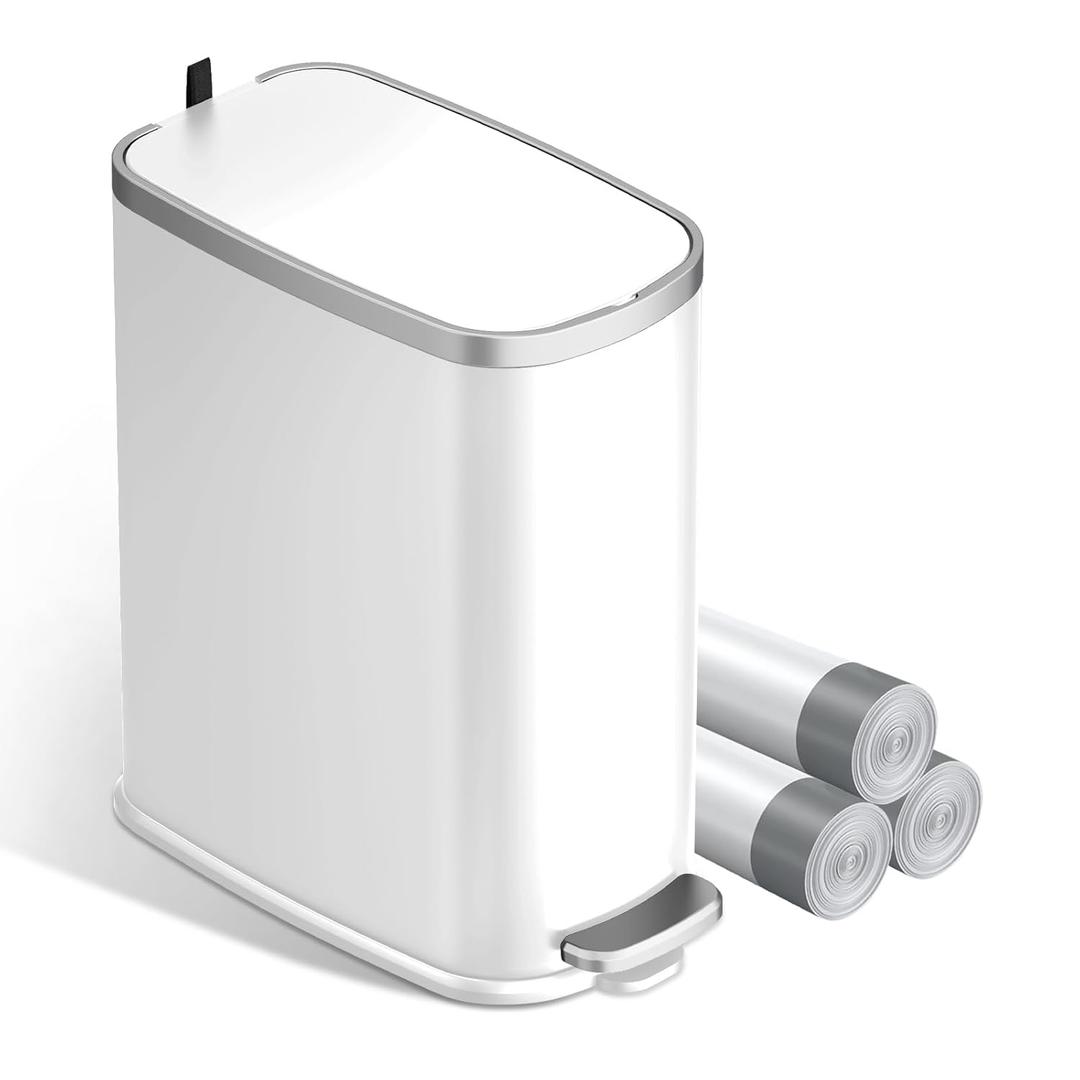 KUK Slim Bathroom Can with Lid Soft Close, Step Pedal, 2.6 Gal/ 10L Stainless Steel Garbage Can with Removable Inner Bin, Anti-Fingerprint Wastebasket for Office, Bedroom, Toilet (White)