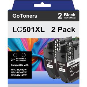 GoToners LC501XL Black Ink Cartridges Compatible for Brother LC501 XL Black Compatible with MFC-J1360DW MFC-J1410DW MFC-J1260W Printer (2 Black)
