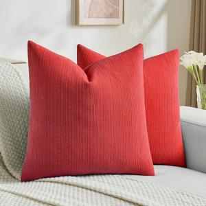 FUTEI Pack of 2 Solid Chenille Throw Pillow Covers 18x18 Inch Soft Cozy Wheat Ear Striped Textured Decorative Cushion Cases Modern Farmhouse Accent for Couch Bed Living Room, Red