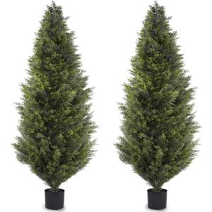 6FT Artificial Cedar Topiary Trees, Set of 2 Realistic Outdoor Indoor Fake Potted Plants with Planter, UV Resistant for Porch, Garden, Balcony, Patio & Office Decor