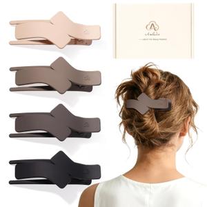 Medium Flat Hair Clips for Women, French Flat Claw Clips for Thin Thick Hair, Duckbill Hairclips for Driving, Doing Yoga, Strong Hold and Non Slip-Beige, Light Brown, Deep Taupe, Black-4 Pcs