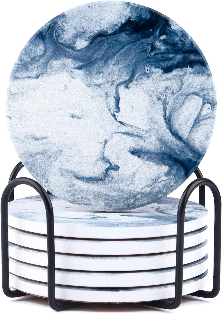 Blue Coasters for Drinks Marble Style,Absorbent Ceramic Coaster with Metal Holder Stand,House Warming Gifts Decor Set of 6 with Cork Base for Wooden Table Blue Coasters for Drinks Marble Style,Absorbent Ceramic Coaster with Metal Holder Stand,House Warming Gifts Decor Set of 6 with Cork Base for Wooden Table